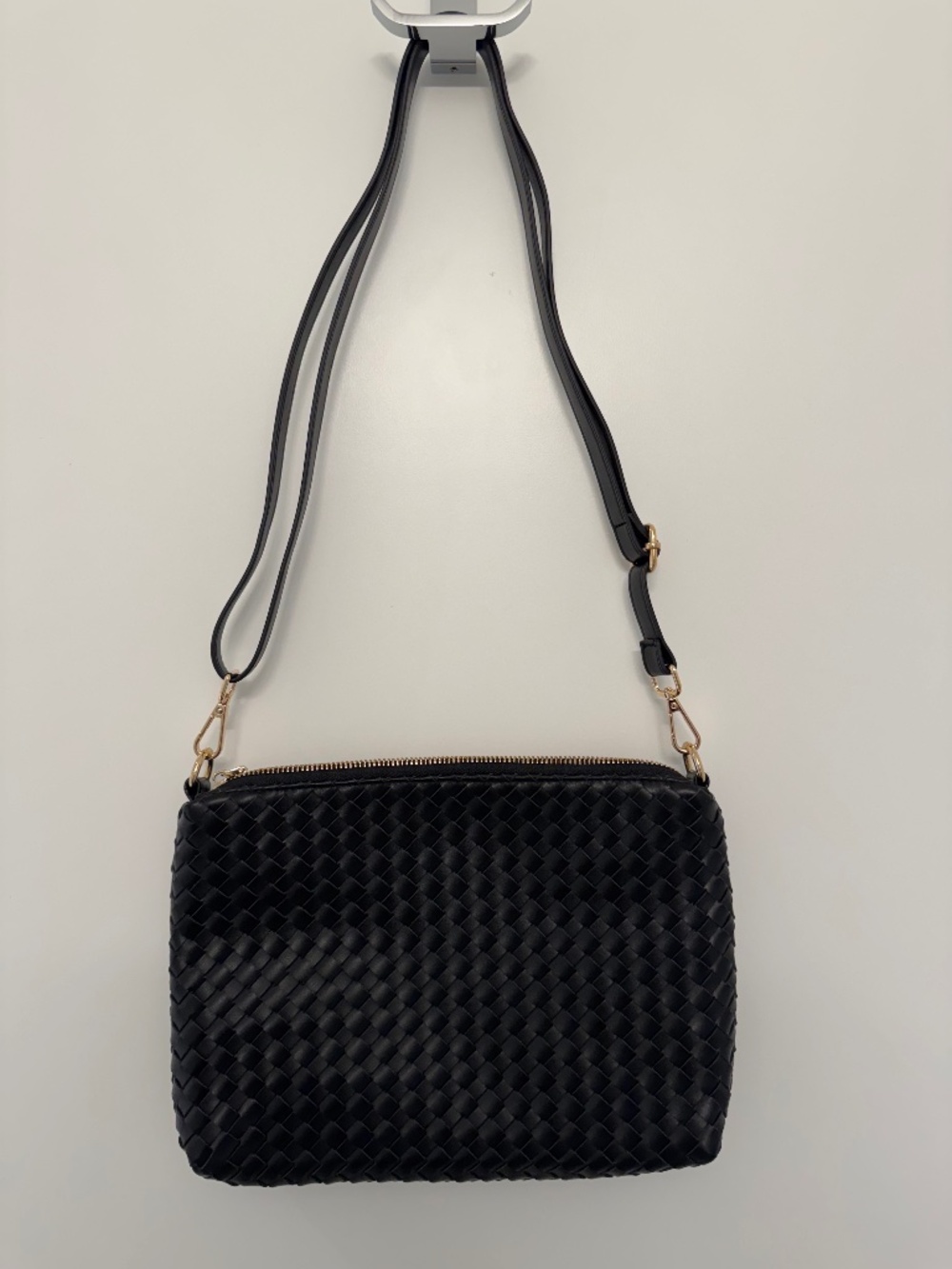 Black Woven Vegan Leather Bag with Adjustable Strap